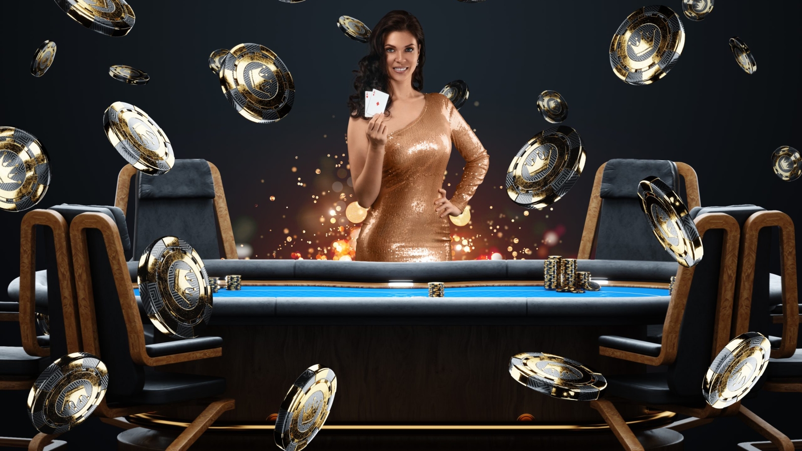 Croupier girl at the poker table, poker room. Poker game, casino, Texas hold'em, online game, card games. Modern design, magazine style